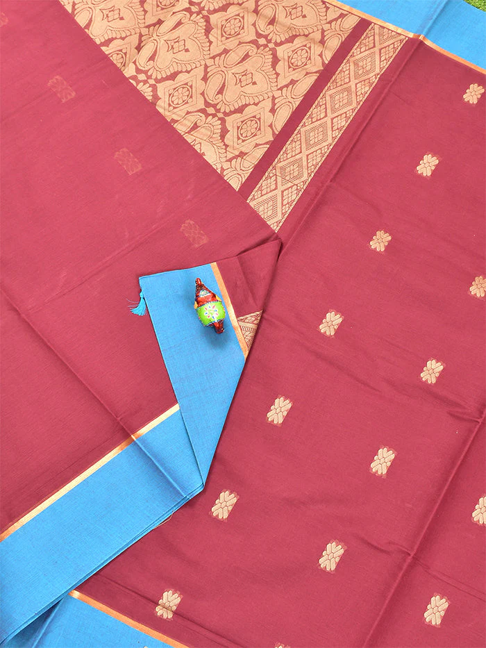 Coimbatore Cotton Maroon Butta Saree with Plain Border - Image 2