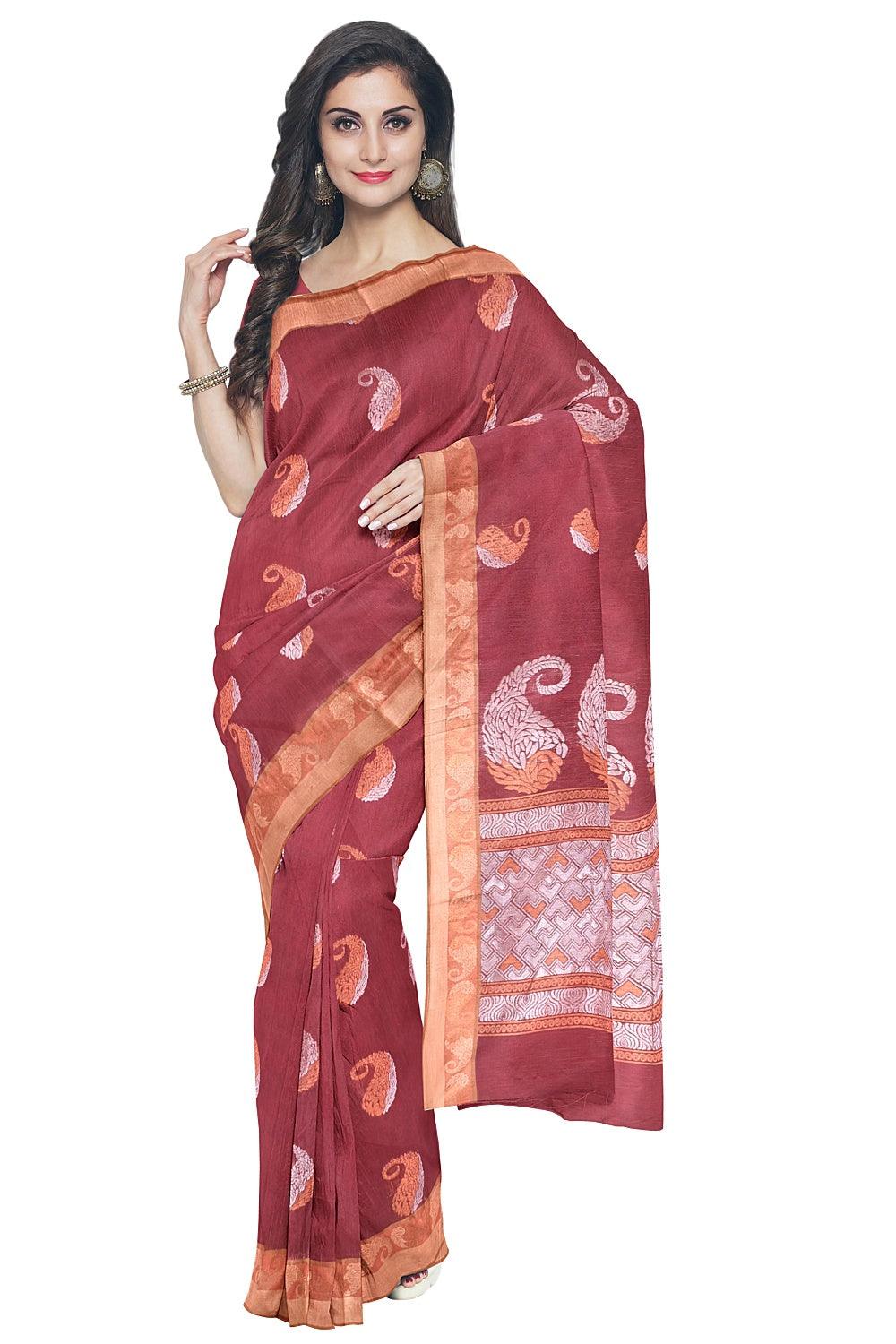 Coimbatore Cotton Maroon Color Saree with Copper and Silver Zari Woven Buttas - Image 2