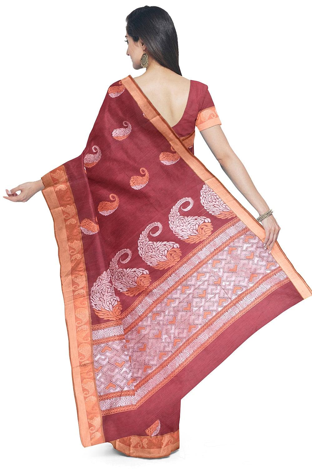 Coimbatore Cotton Maroon Color Saree with Copper and Silver Zari Woven Buttas - Image 3