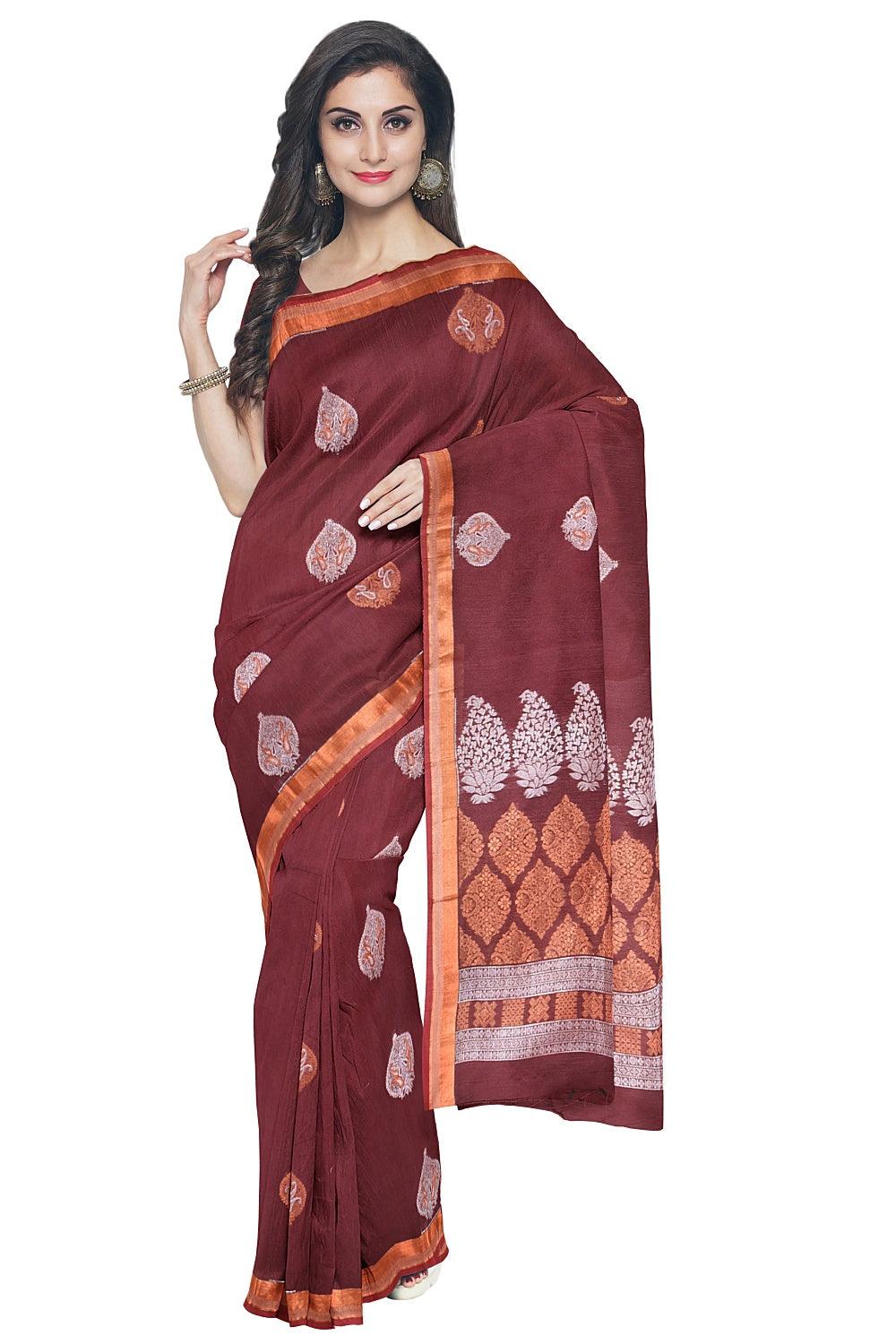 Coimbatore Cotton Maroon Color Saree with Copper and Silver Zari Woven Buttas - Image 2