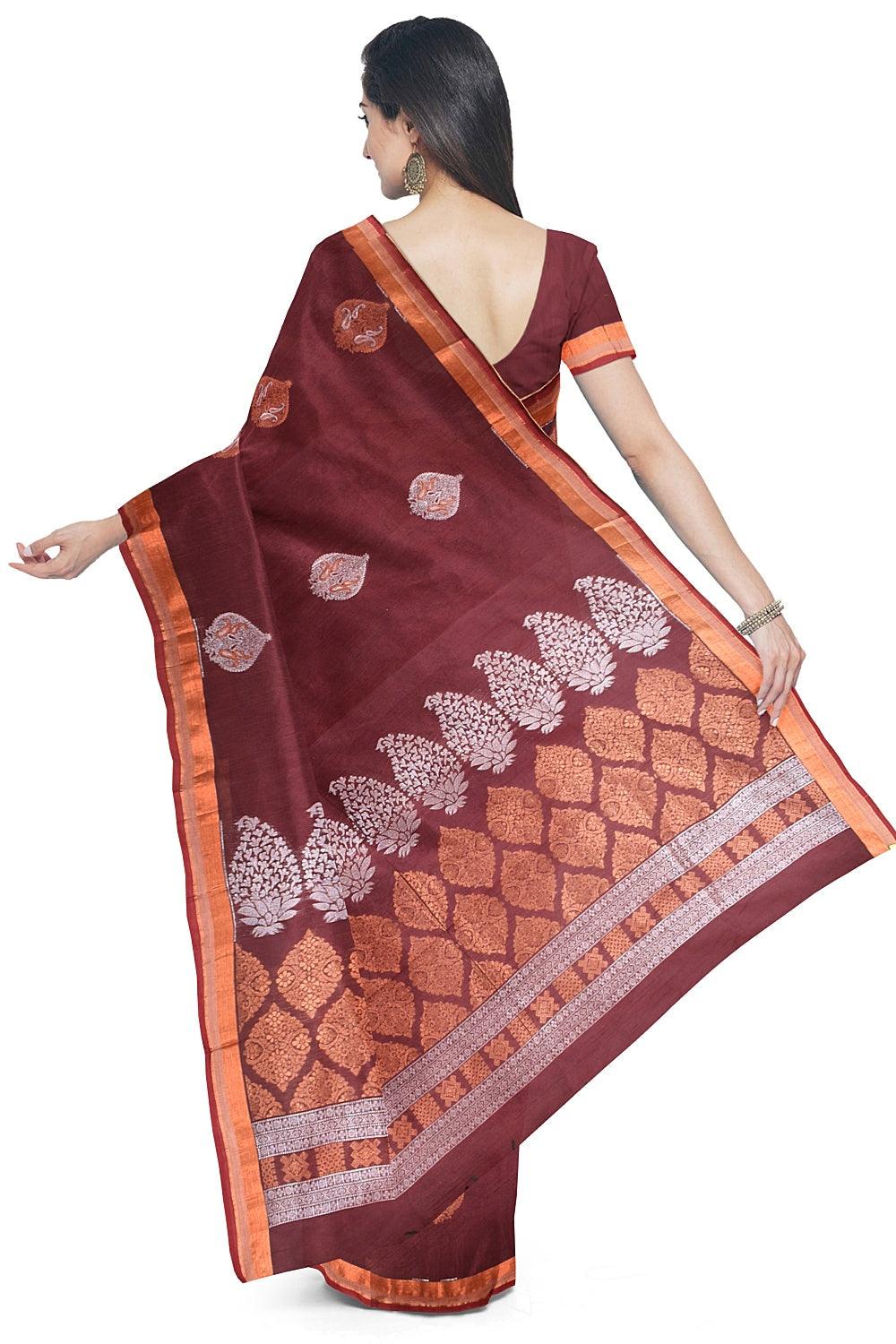 Coimbatore Cotton Maroon Color Saree with Copper and Silver Zari Woven Buttas - Image 3