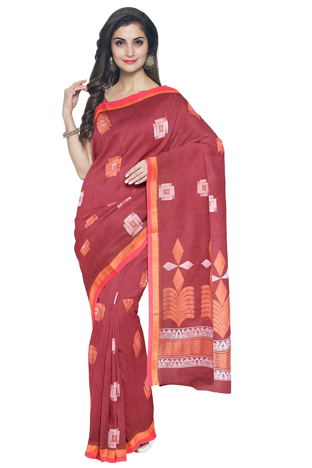 Coimbatore Cotton Maroon Color Saree with Copper and Silver Zari Woven Buttas - Image 2