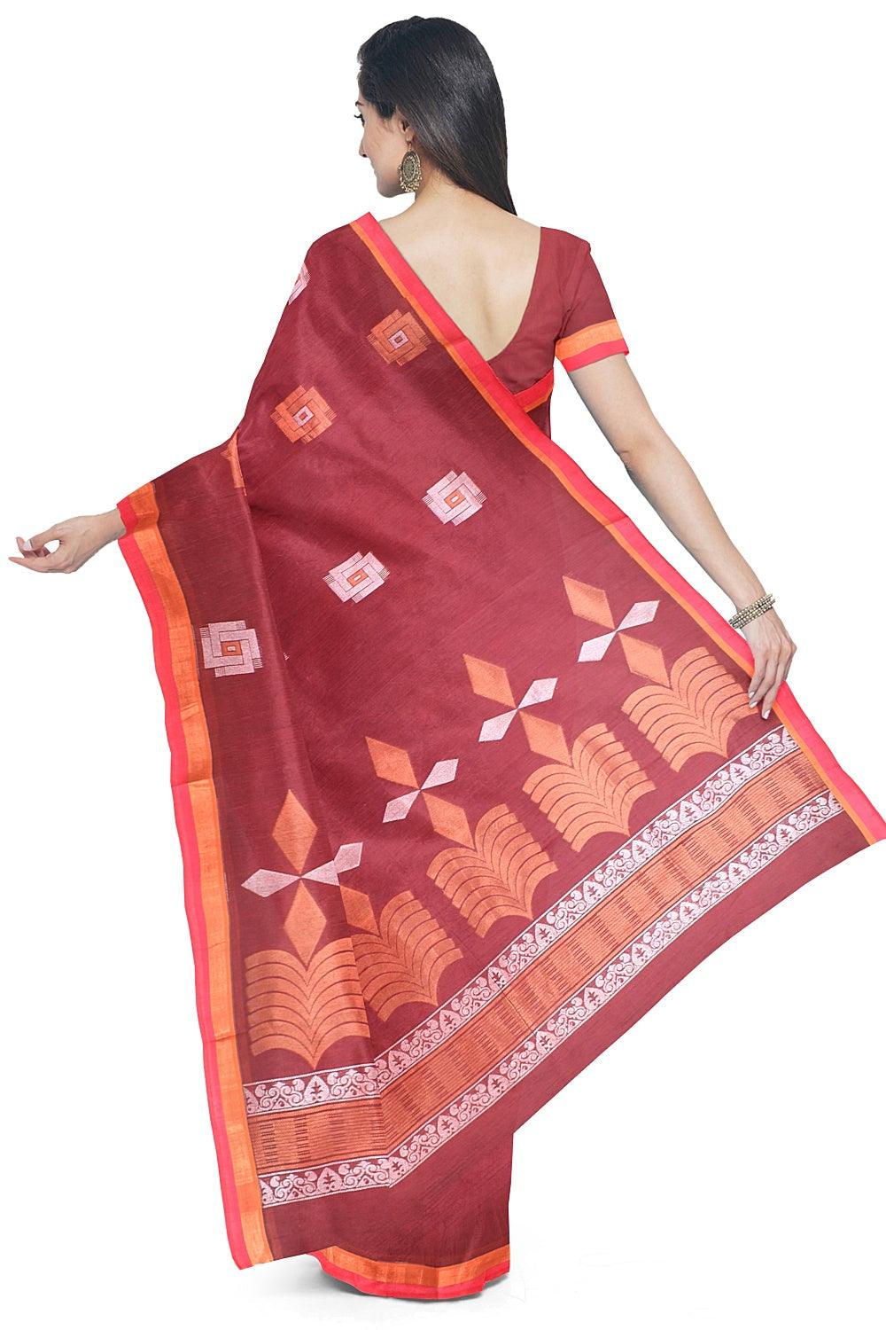 Coimbatore Cotton Maroon Color Saree with Copper and Silver Zari Woven Buttas - Image 3