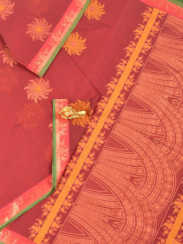Coimbatore Cotton Maroon Saree with Copper and Thread Woven Buttas and Zari Woven Border - Image 2