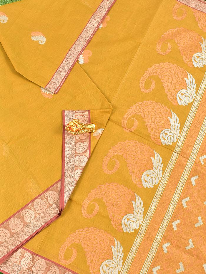 Coimbatore Cotton Mustard Yellow Saree with Copper and Silver Zari Woven Buttas and Thread Woven Border - Image 2