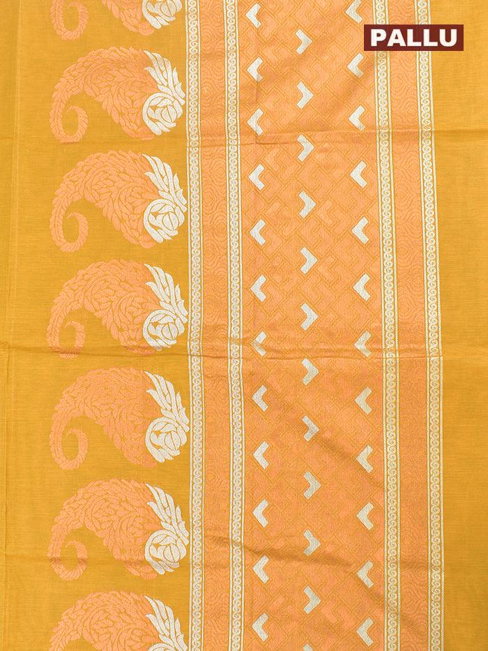 Coimbatore Cotton Mustard Yellow Saree with Copper and Silver Zari Woven Buttas and Thread Woven Border - Image 4