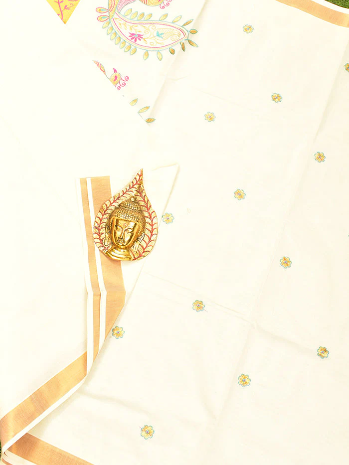 Coimbatore Cotton Off white Kerala Kasavu Saree - Image 2