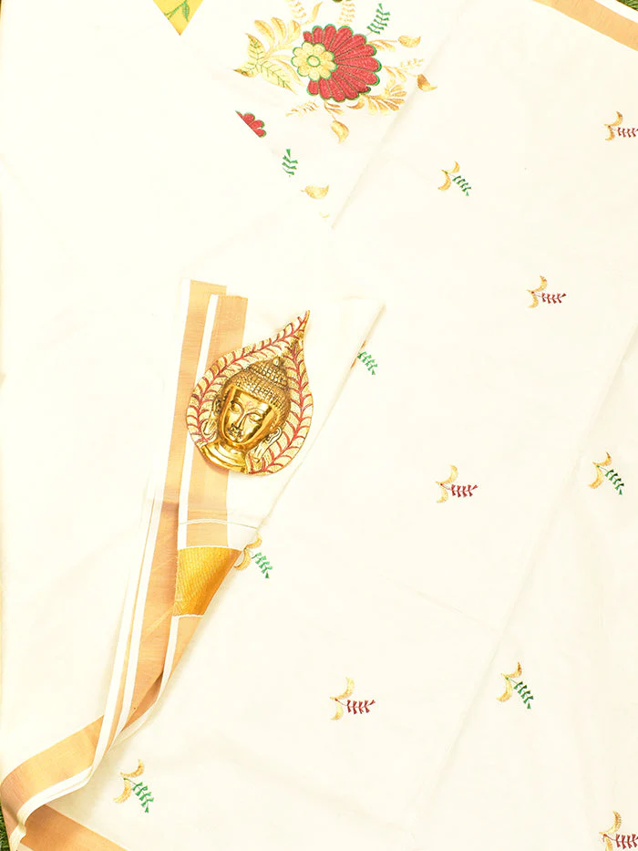 Coimbatore Cotton Off white Kerala Kasavu Saree - Image 2