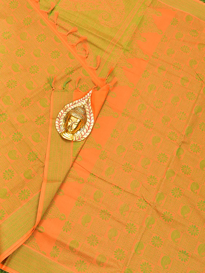 Coimbatore Cotton Orange and Green Shade Allself Saree with Thread Woven Border - Image 2