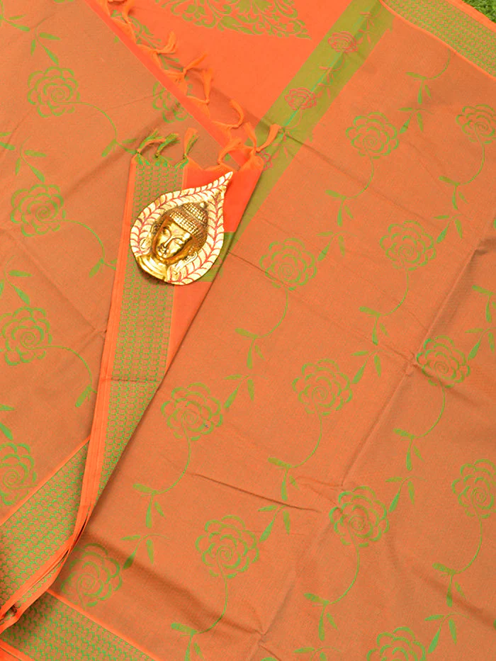 Coimbatore Cotton Orange and Green Shade Allself Saree with Thread Woven Border - Image 2