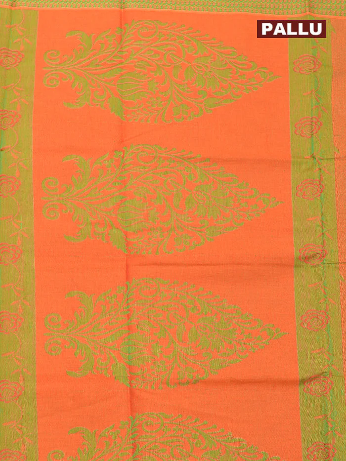 Coimbatore Cotton Orange and Green Shade Allself Saree with Thread Woven Border - Image 4
