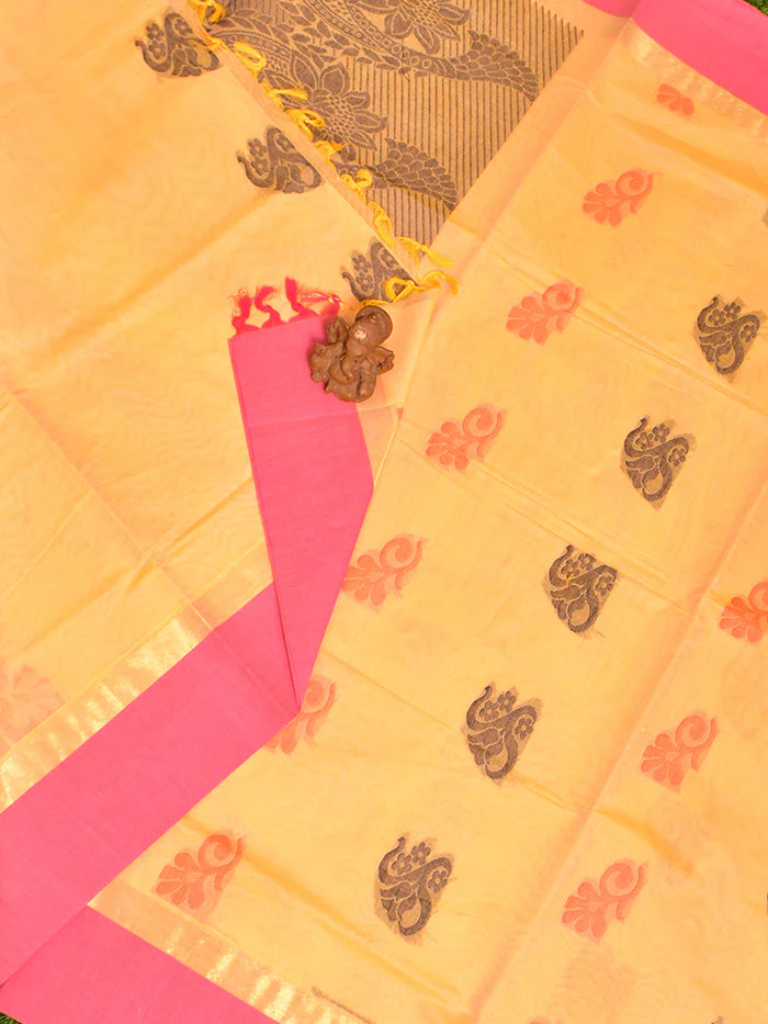 Coimbatore Cotton Orange Butta Saree with Plain Border - Image 2
