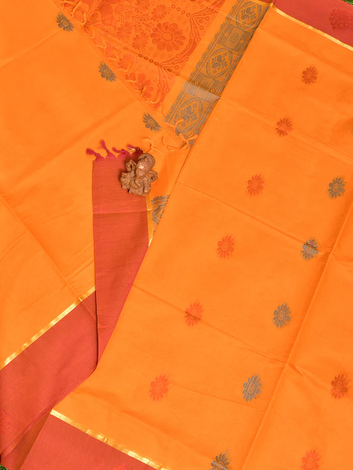 Coimbatore Cotton Orange Butta Saree with Plain Border - Image 2
