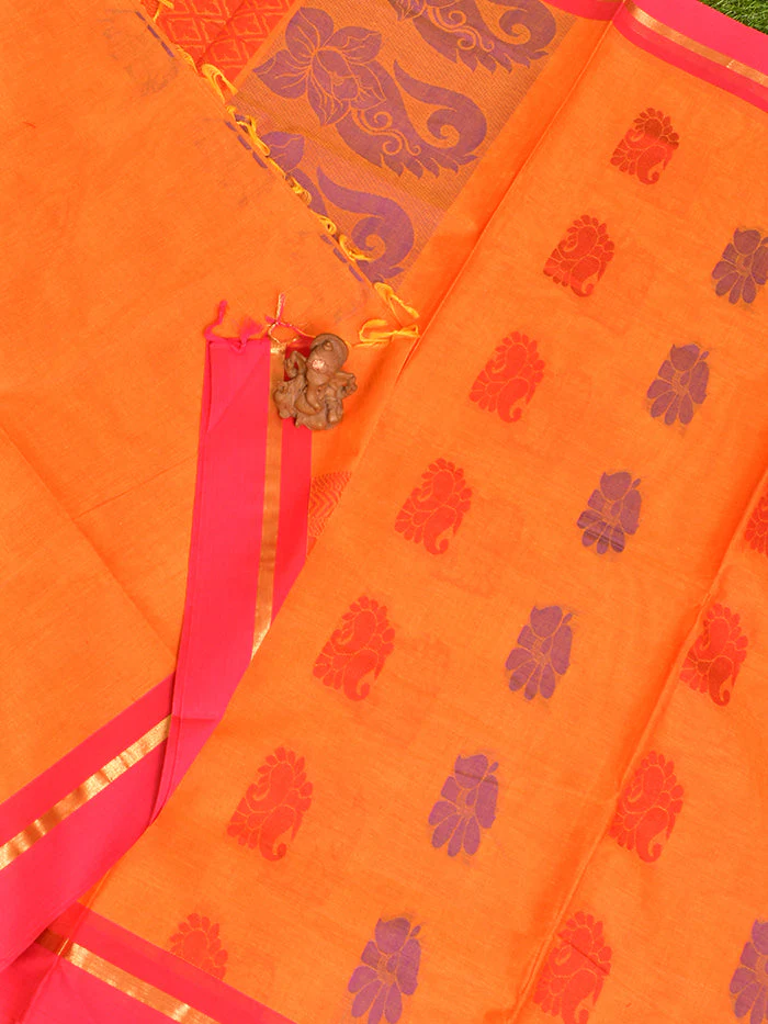 Coimbatore Cotton Orange Butta Saree with Plain Border - Image 2