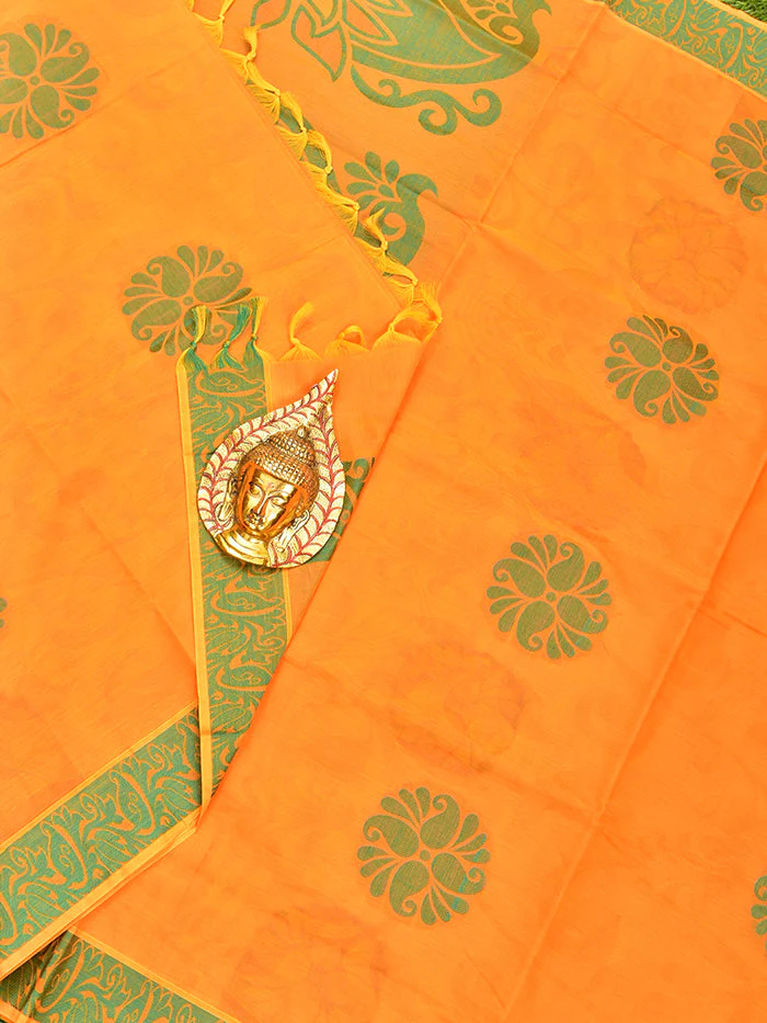 Coimbatore Cotton Orange Butta Saree with Thread Woven Border - Image 2