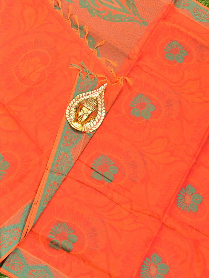 Coimbatore Cotton Orange Butta Saree with Thread Woven Border - Image 2