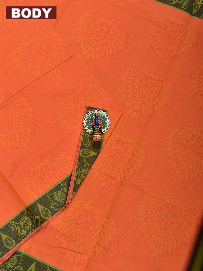 Coimbatore Cotton Orange Emboss Saree with Thread Woven Border - Image 2