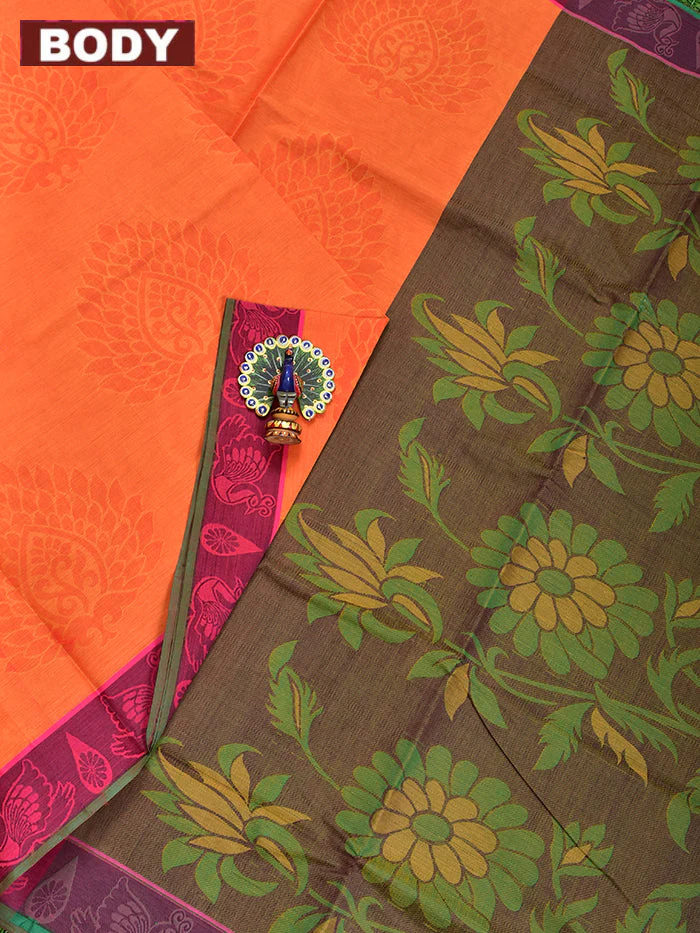 Coimbatore Cotton Orange Emboss Saree with Thread Woven Border - Image 2