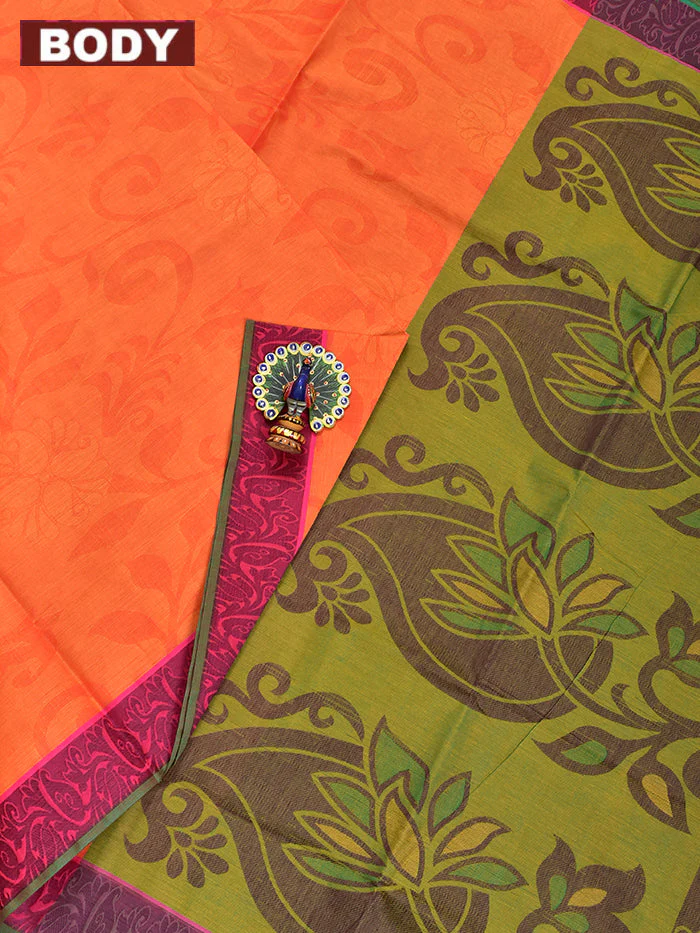 Coimbatore Cotton Orange Emboss Saree with Thread Woven Border - Image 2