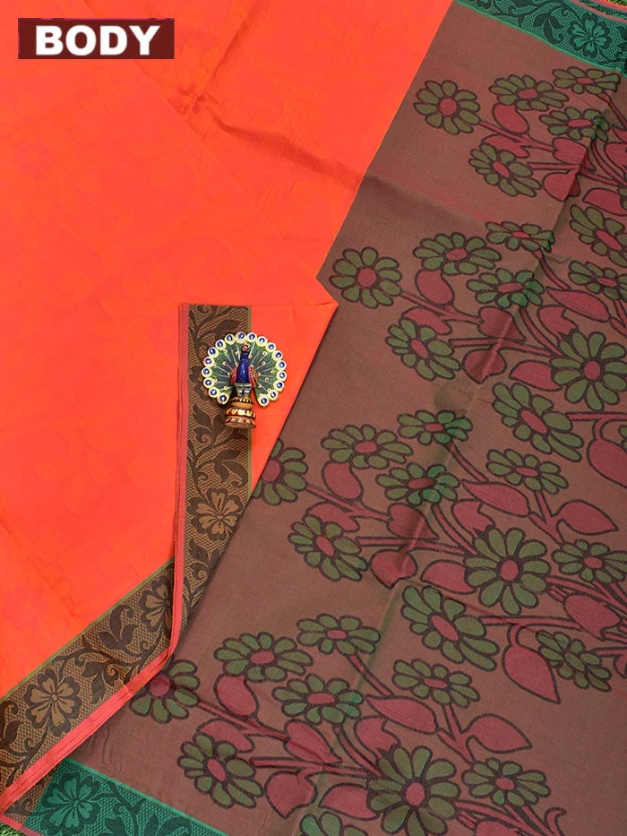 Coimbatore Cotton Orange Emboss Saree with Thread Woven Border - Image 2