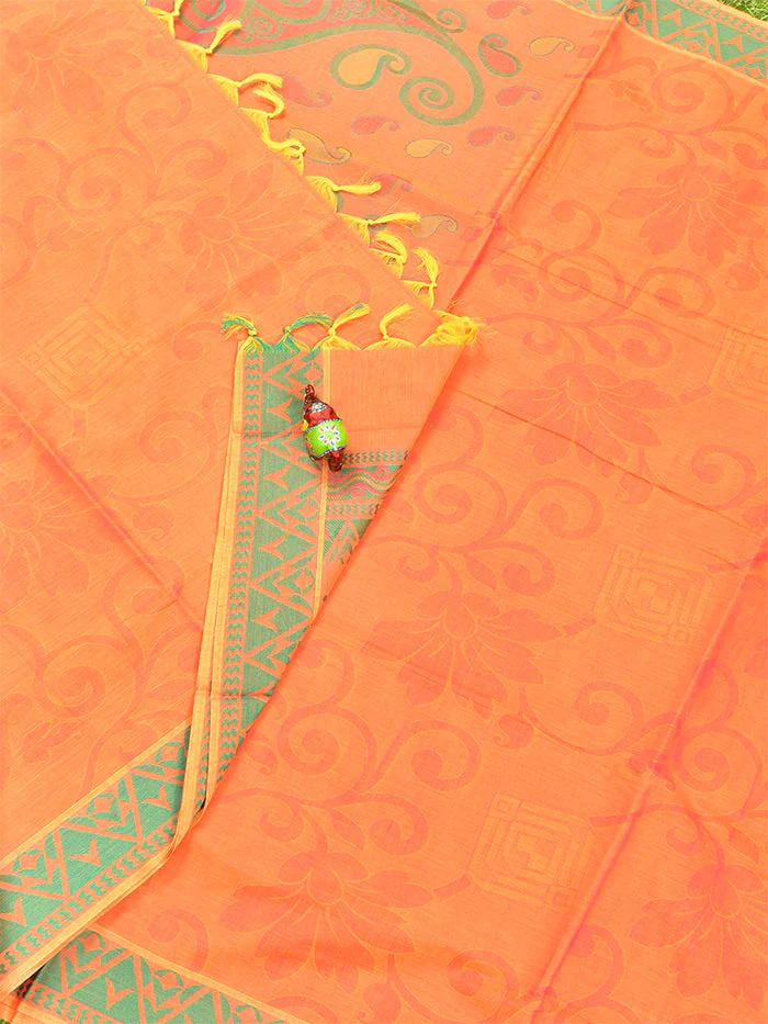 Coimbatore Cotton Orange Emboss Saree with Thread Woven Border - Image 2