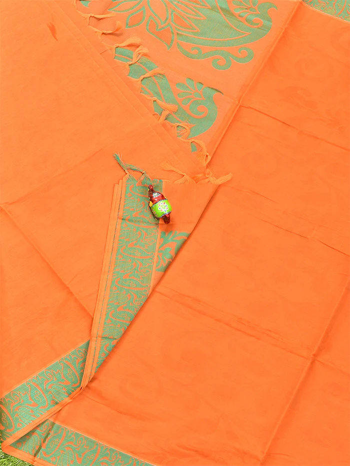 Coimbatore Cotton Orange Emboss Saree with Thread Woven Border - Image 2