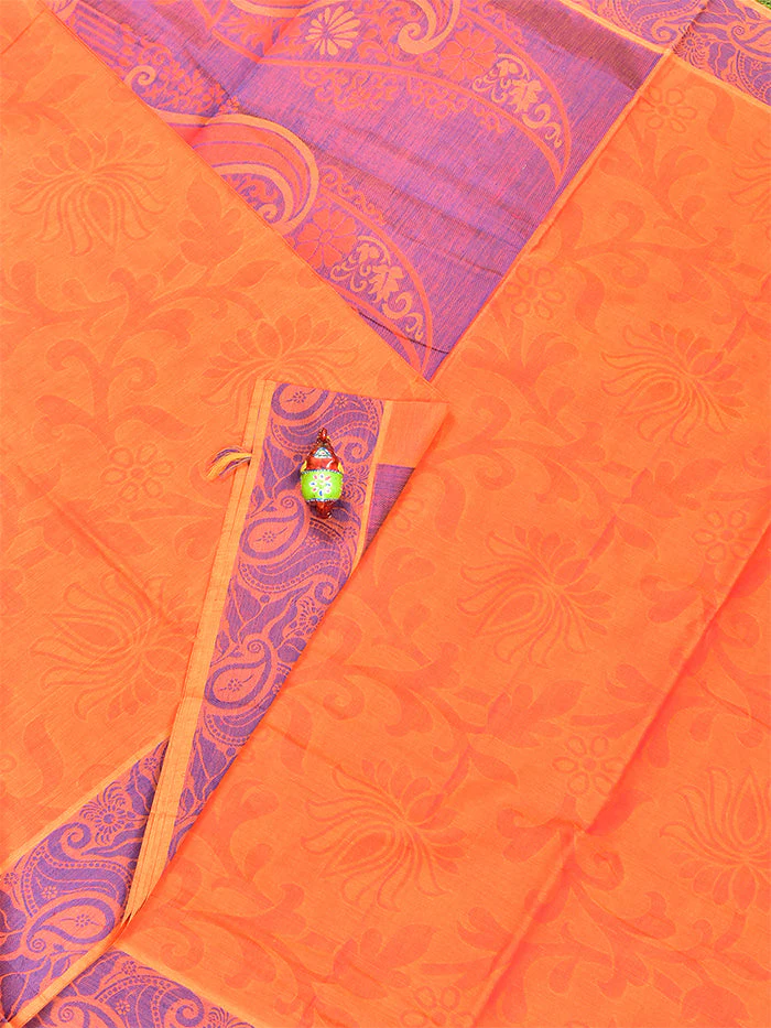 Coimbatore Cotton Orange Emboss Saree with Thread Woven Border - Image 2
