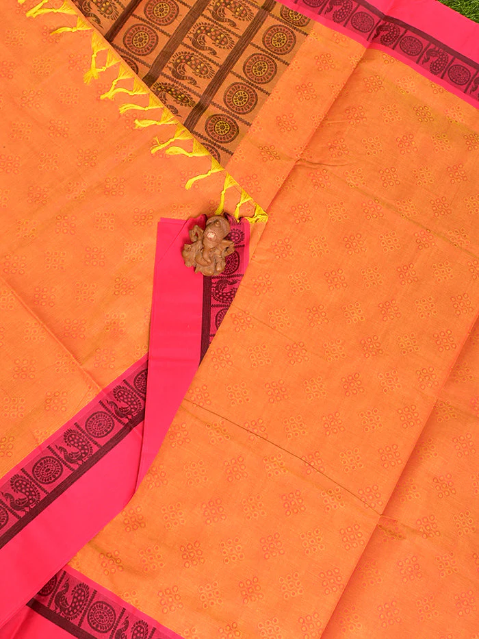 Coimbatore Cotton Orange Fancy Emboss Saree with Thread Woven Border - Image 2