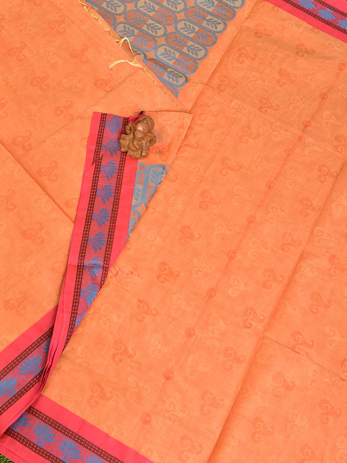 Coimbatore Cotton Orange Fancy Emboss Saree with Thread Woven Border - Image 2