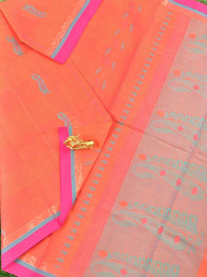 Coimbatore Cotton Orange Saree with Copper and Silver Zari Woven Buttas and Simple Border - Image 2