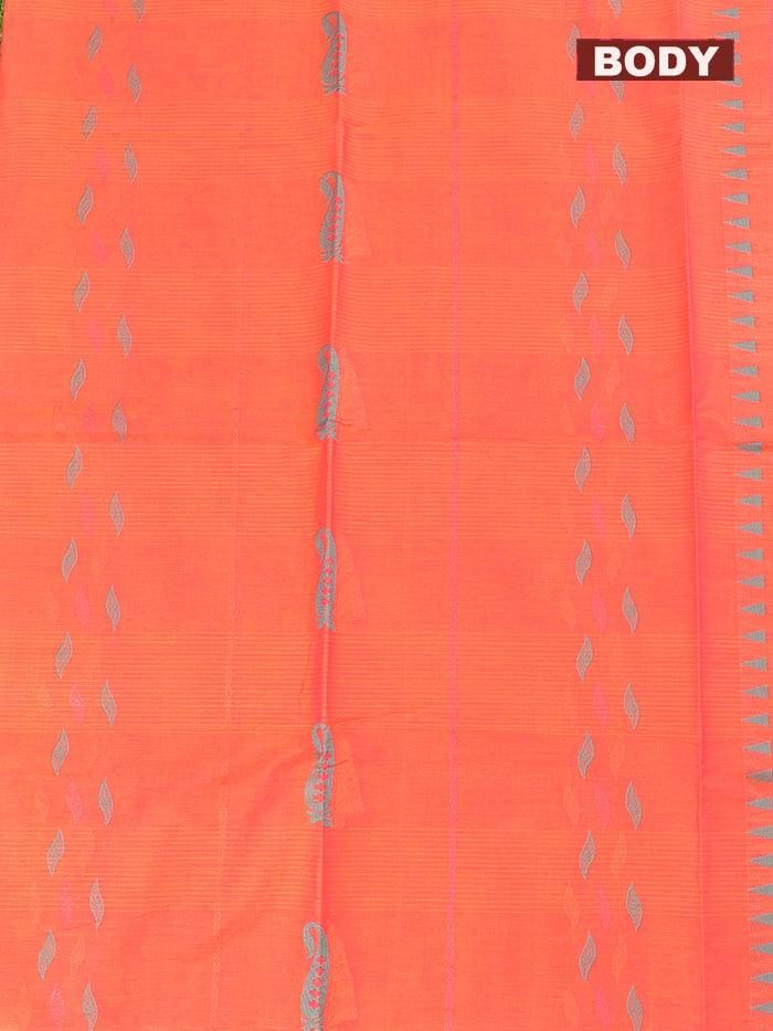 Coimbatore Cotton Orange Saree with Copper and Silver Zari Woven Buttas and Simple Border - Image 3