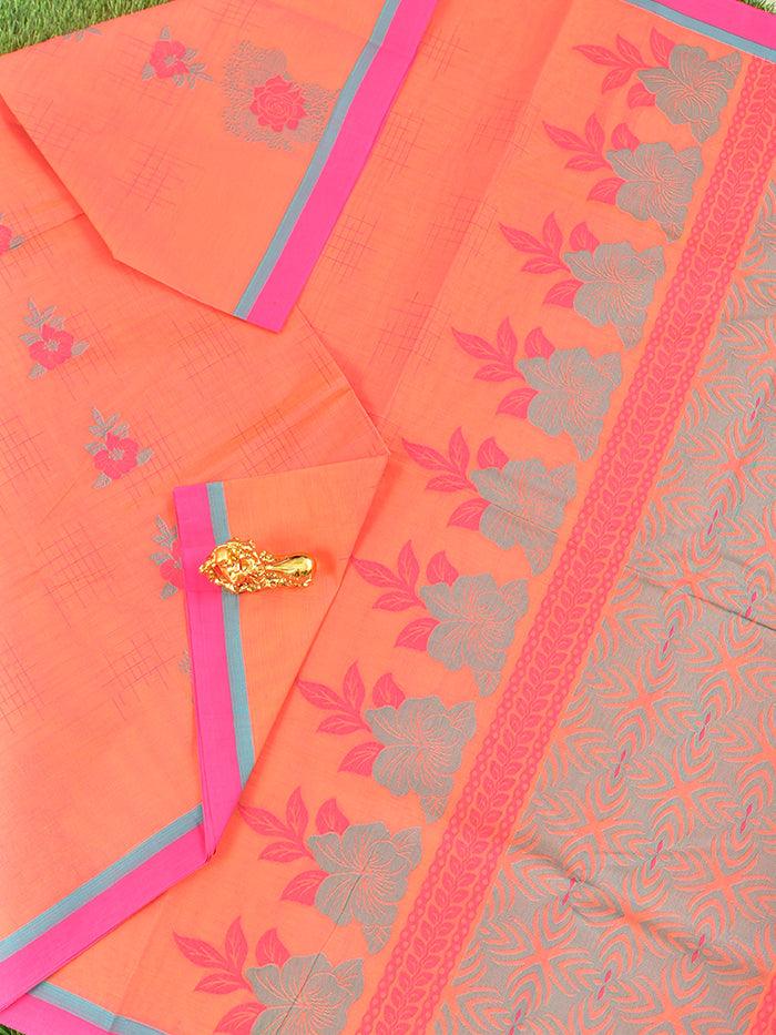 Coimbatore Cotton Orange Saree with Thread Woven Buttas and Simple Border - Image 2
