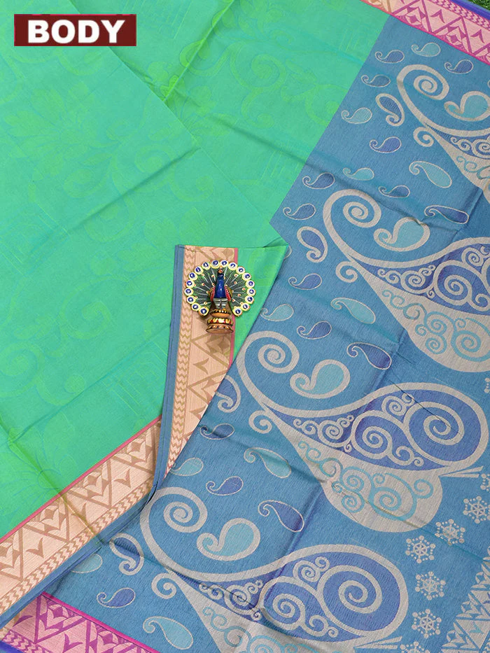 Coimbatore Cotton Rama Green Emboss Saree with Thread Woven Border - Image 2