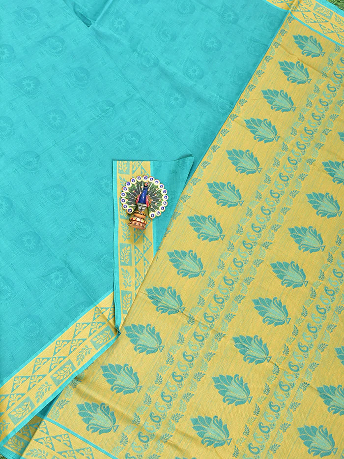 Coimbatore Cotton Rama Green Emboss Saree with Thread Woven Border - Image 2