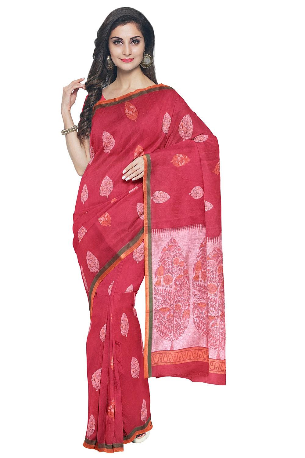 Coimbatore Cotton Red Color Saree with Copper and Silver Zari Woven Buttas - Image 2