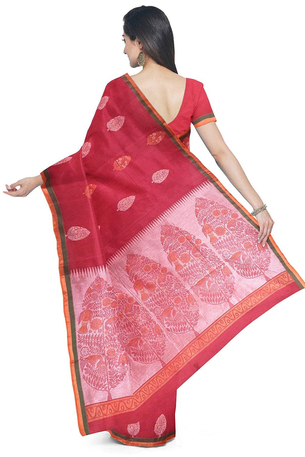 Coimbatore Cotton Red Color Saree with Copper and Silver Zari Woven Buttas - Image 3