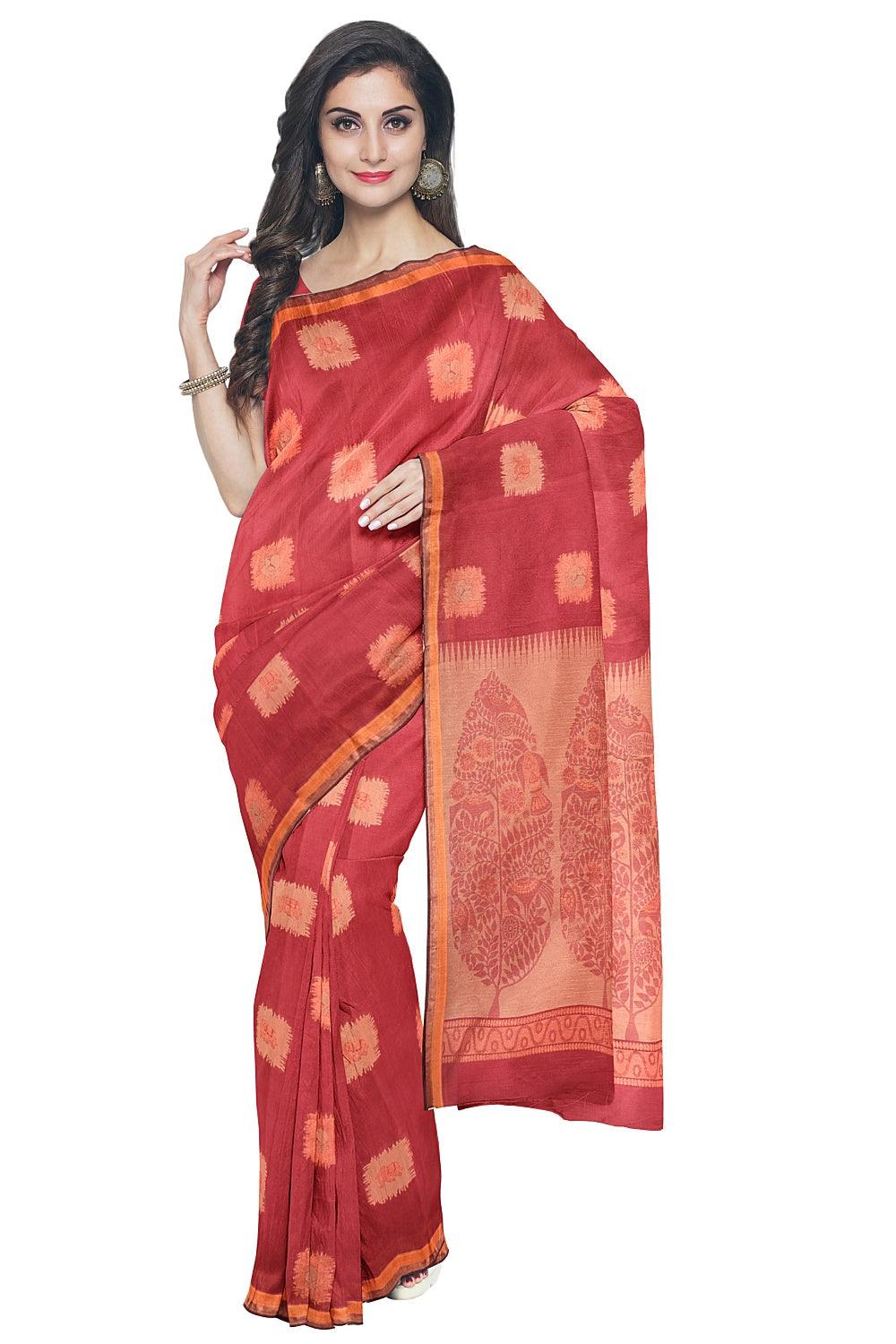 Coimbatore Cotton Red Color Saree with Copper Zari Woven Buttas - Image 2