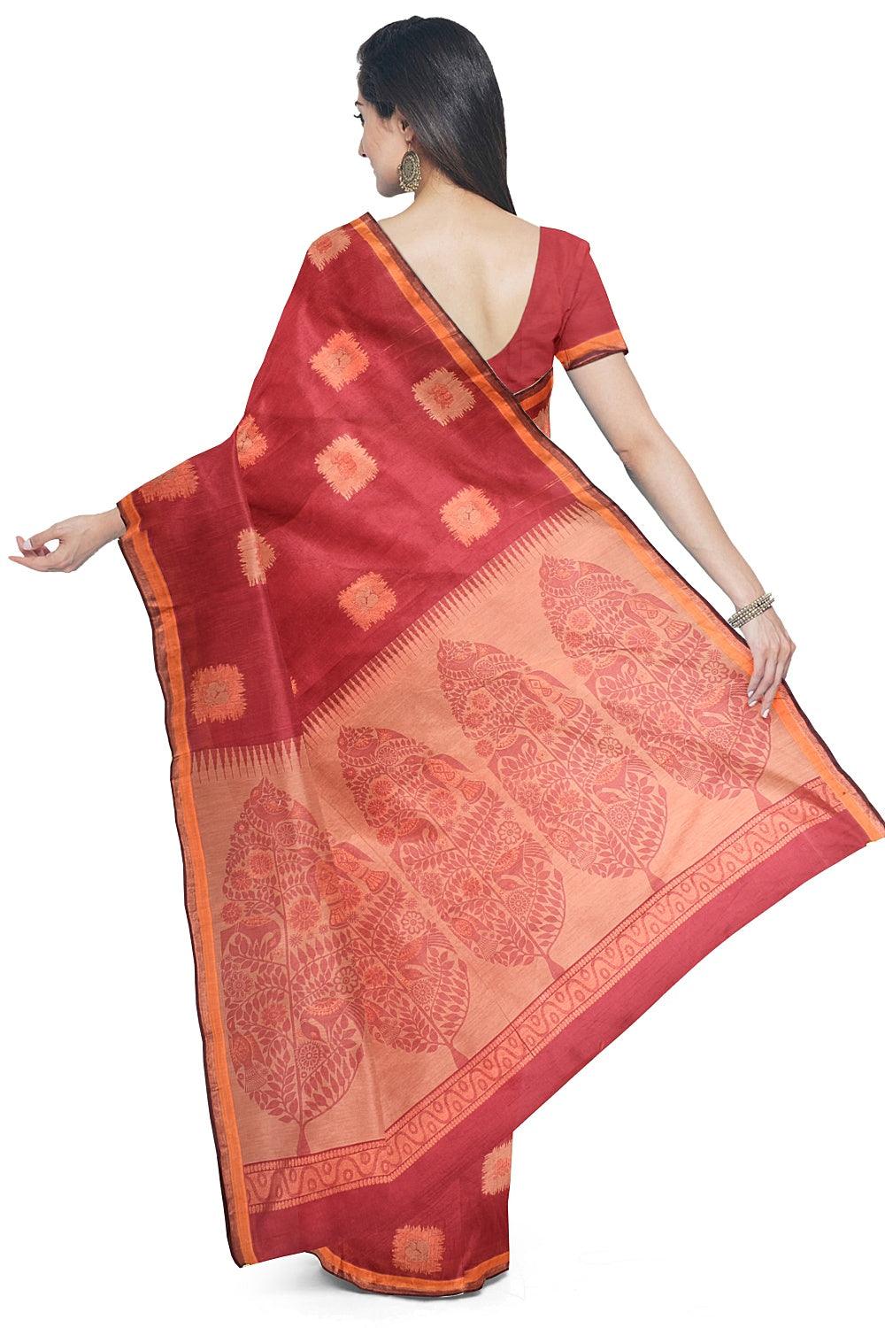 Coimbatore Cotton Red Color Saree with Copper Zari Woven Buttas - Image 3