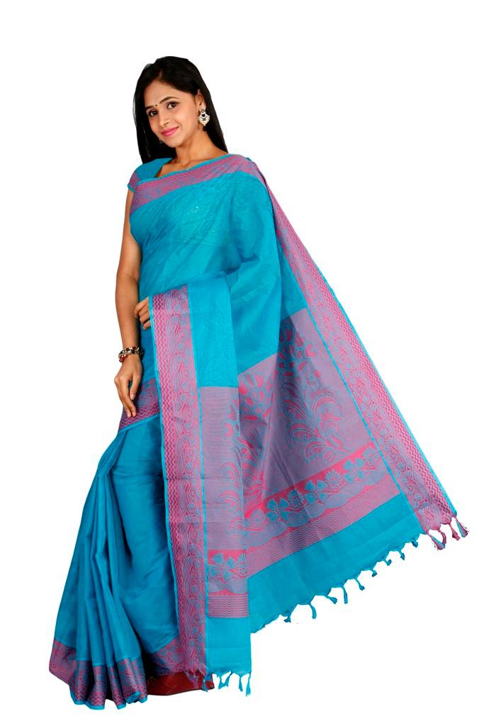 coimbatore Cotton Saree - Blue - Image 3