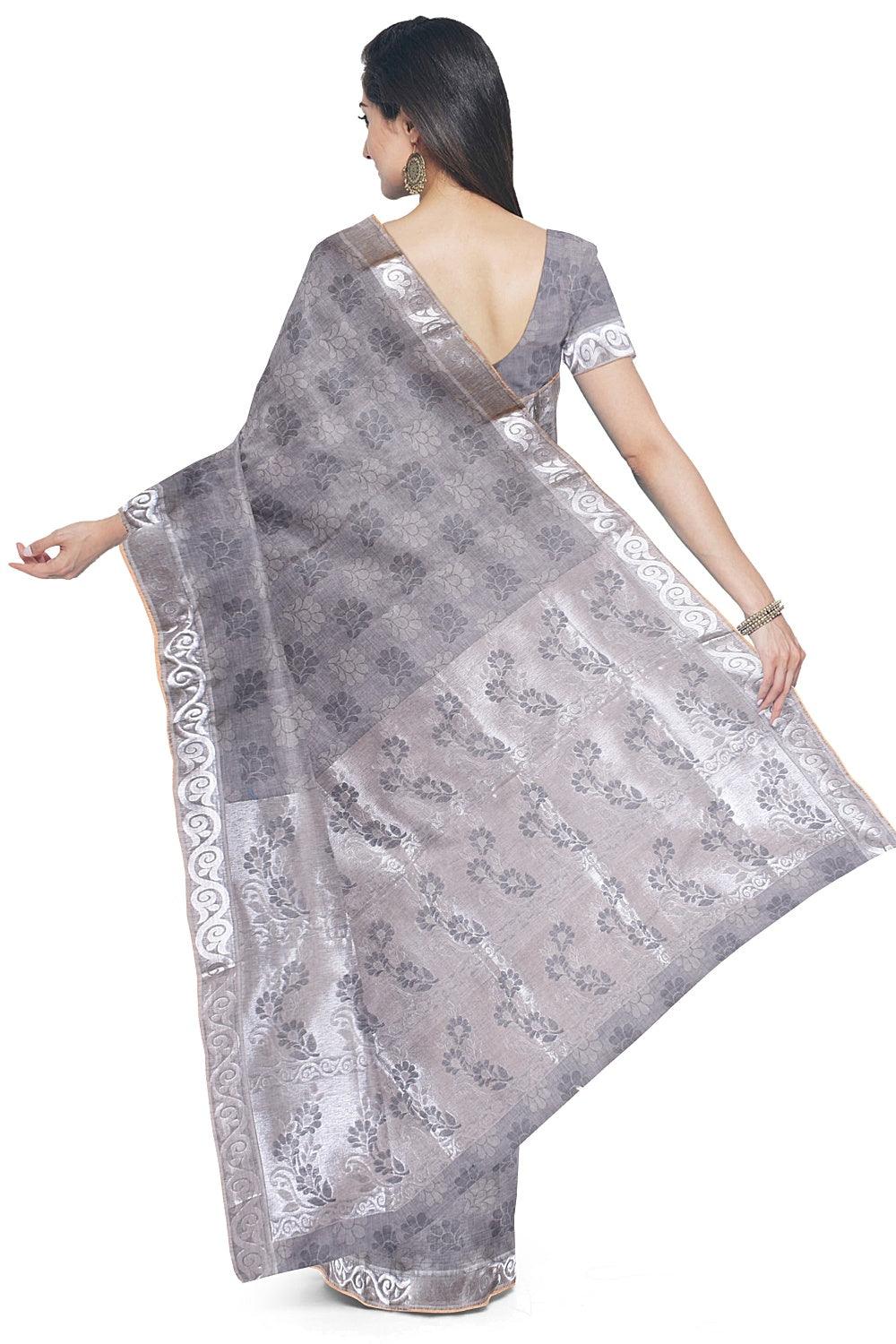 Coimbatore Cotton Silvar Zari Saree - Grey - Image 3