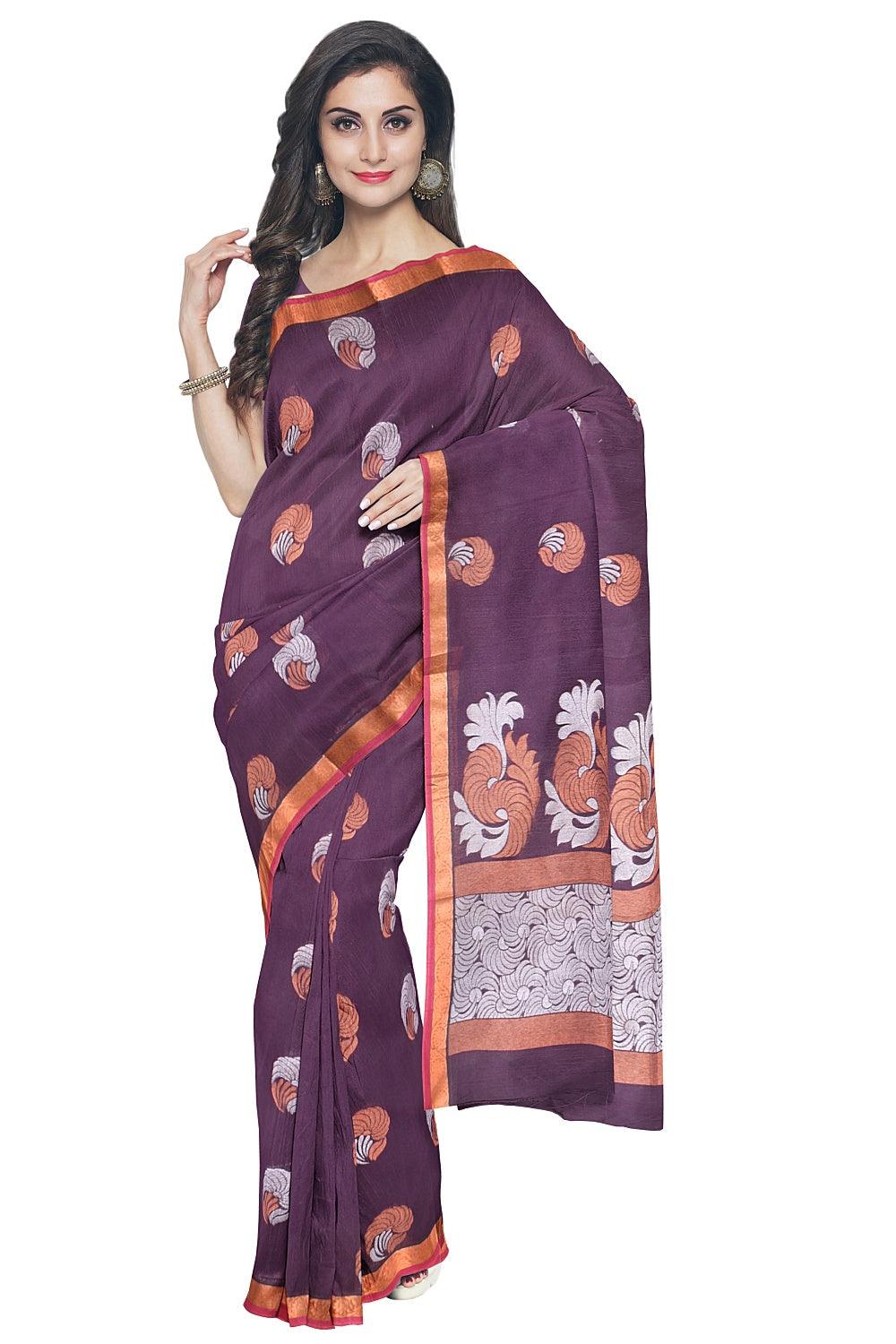 Coimbatore Cotton Violet Color Saree with Copper and Silver Zari Woven Buttas - Image 2