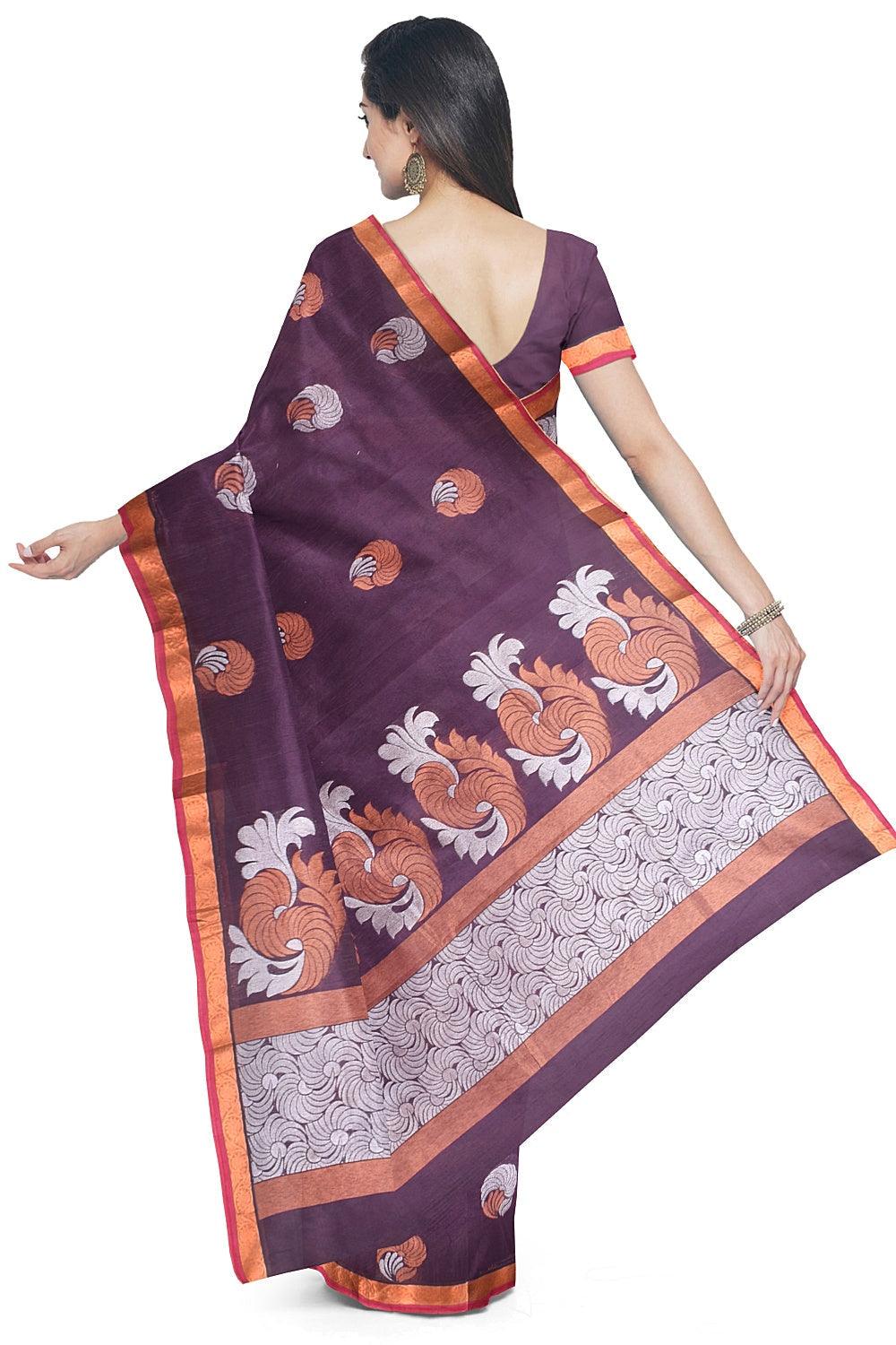 Coimbatore Cotton Violet Color Saree with Copper and Silver Zari Woven Buttas - Image 3