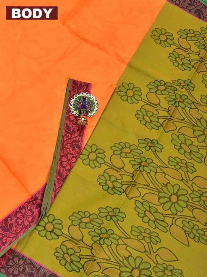 Coimbatore Cotton Yelllow Emboss Saree with Thread Woven Border - Image 2