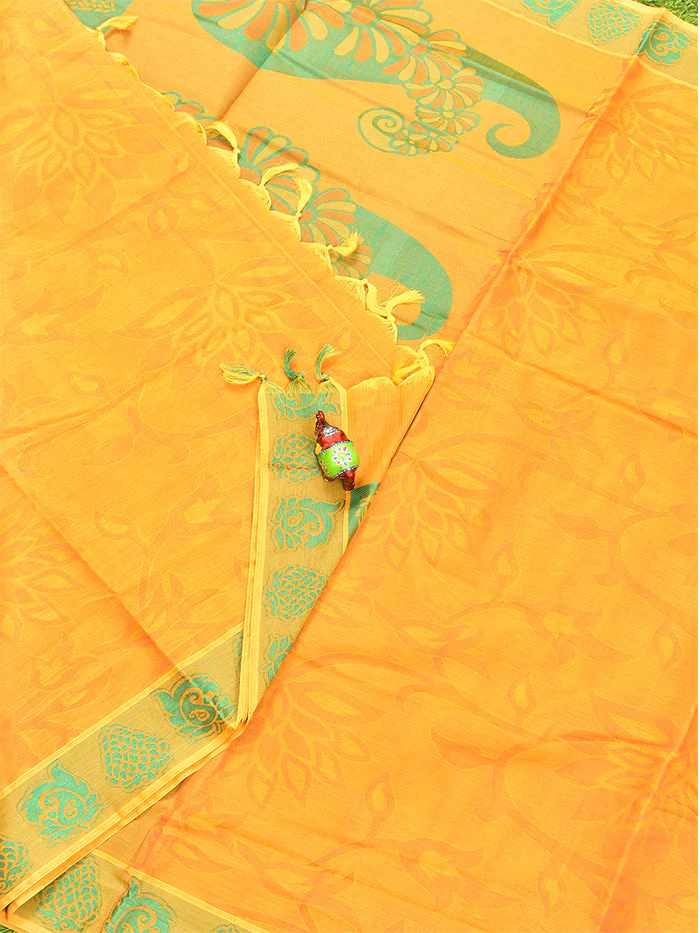 Coimbatore Cotton Yellow Emboss Saree with Thread Woven Border - Image 2