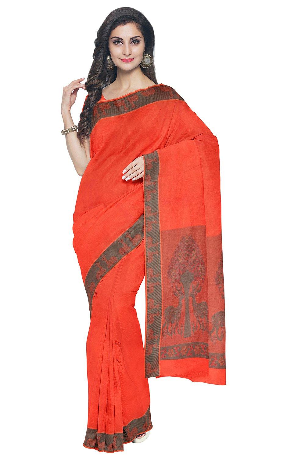 Coimbatore Emboss Cotton Saree - Orange - Image 2