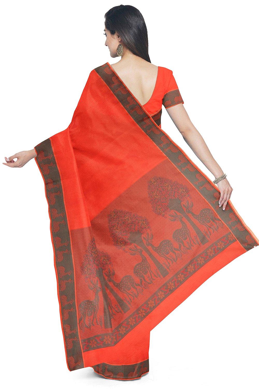 Coimbatore Emboss Cotton Saree - Orange - Image 3