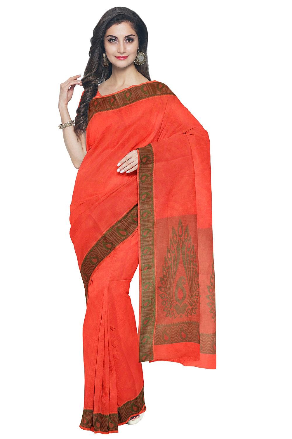 Coimbatore Emboss Cotton Saree - Orange - Image 2