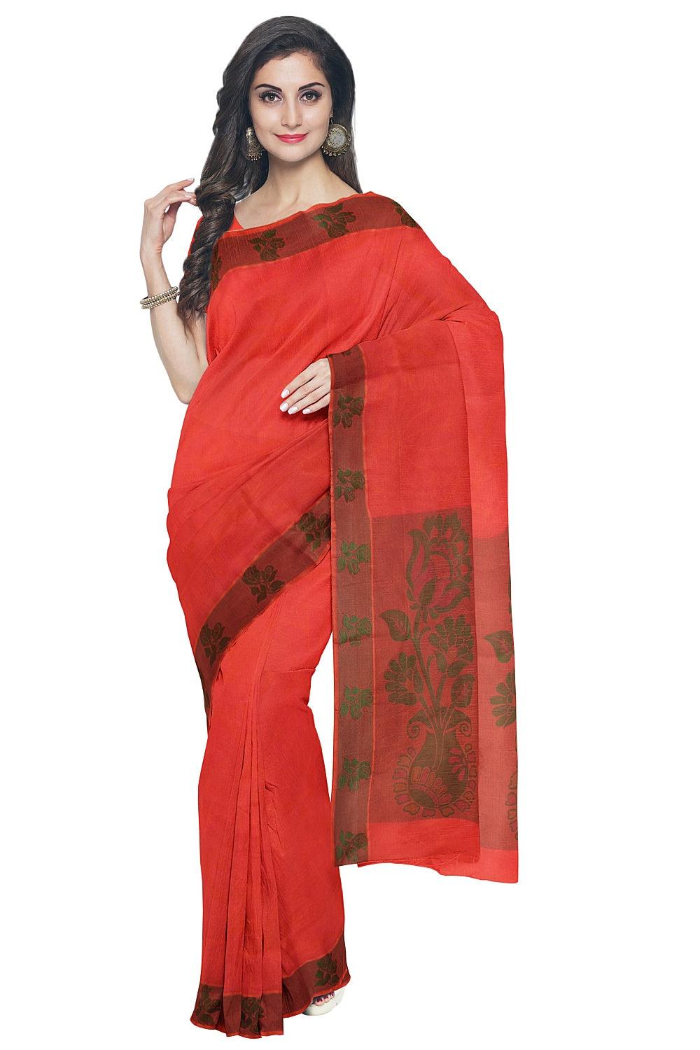 Coimbatore Emboss Cotton Saree - Orange - Image 2