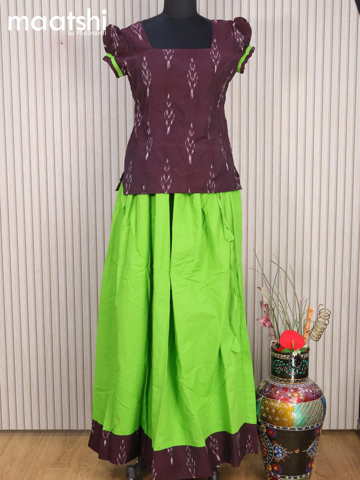 Cotton kids lehanga deep maroon and light green with allover ikat weaves and back knot for 16 years