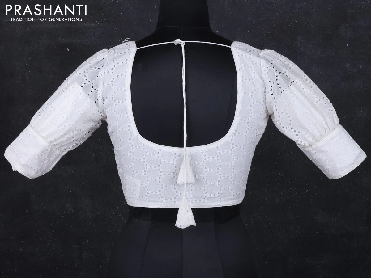 Cotton readymade blouse off white with hakoba work and back knot - Image 2